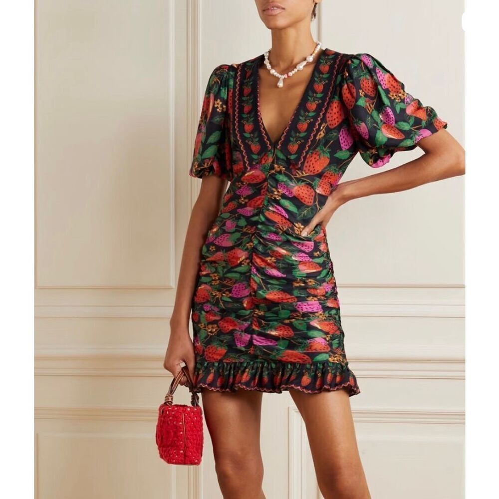 Farm Rio Lady Strawberry Ruched Mini Dress | Medium in Black and Red